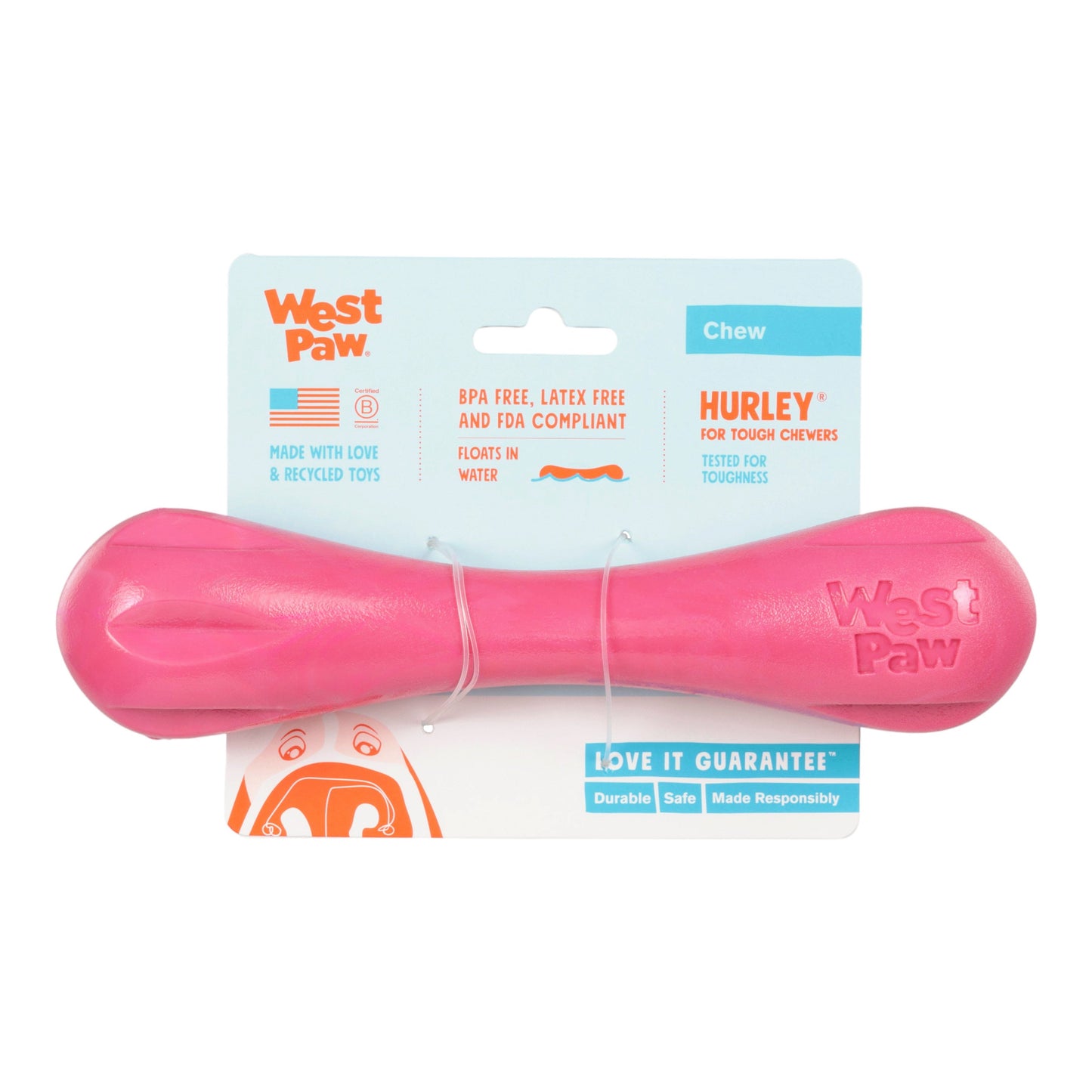 West Paw Hurley Dog Chew Toy – Geranium | Nearly Indestructible Fetch Bone