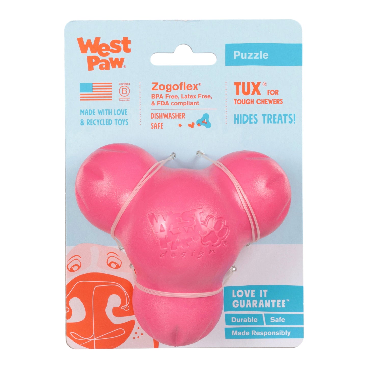 West Paw Tux Dog Treat Toy – Geranium | Toughest Treat Toy for Power Chewers
