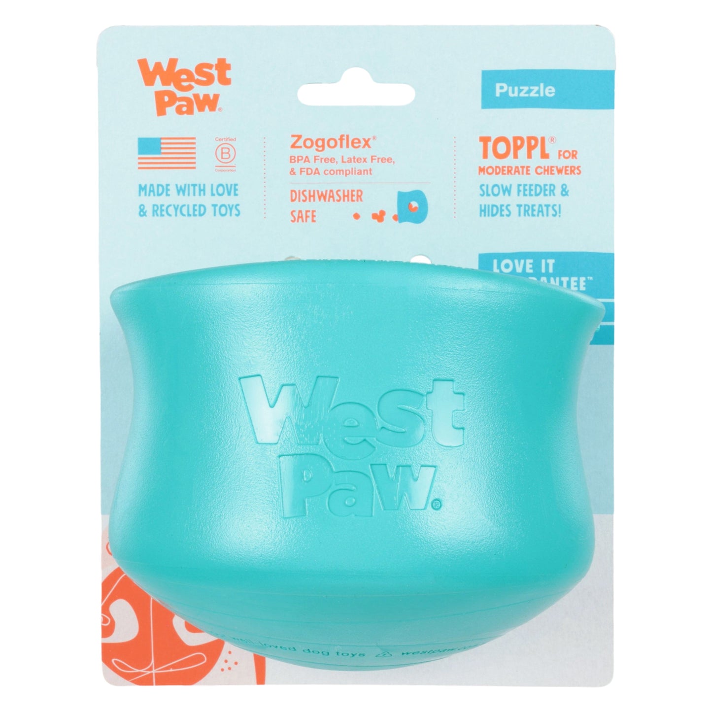 West Paw Toppl Treat Toy – Teal | Puzzle Toy for Moderate Chewers
