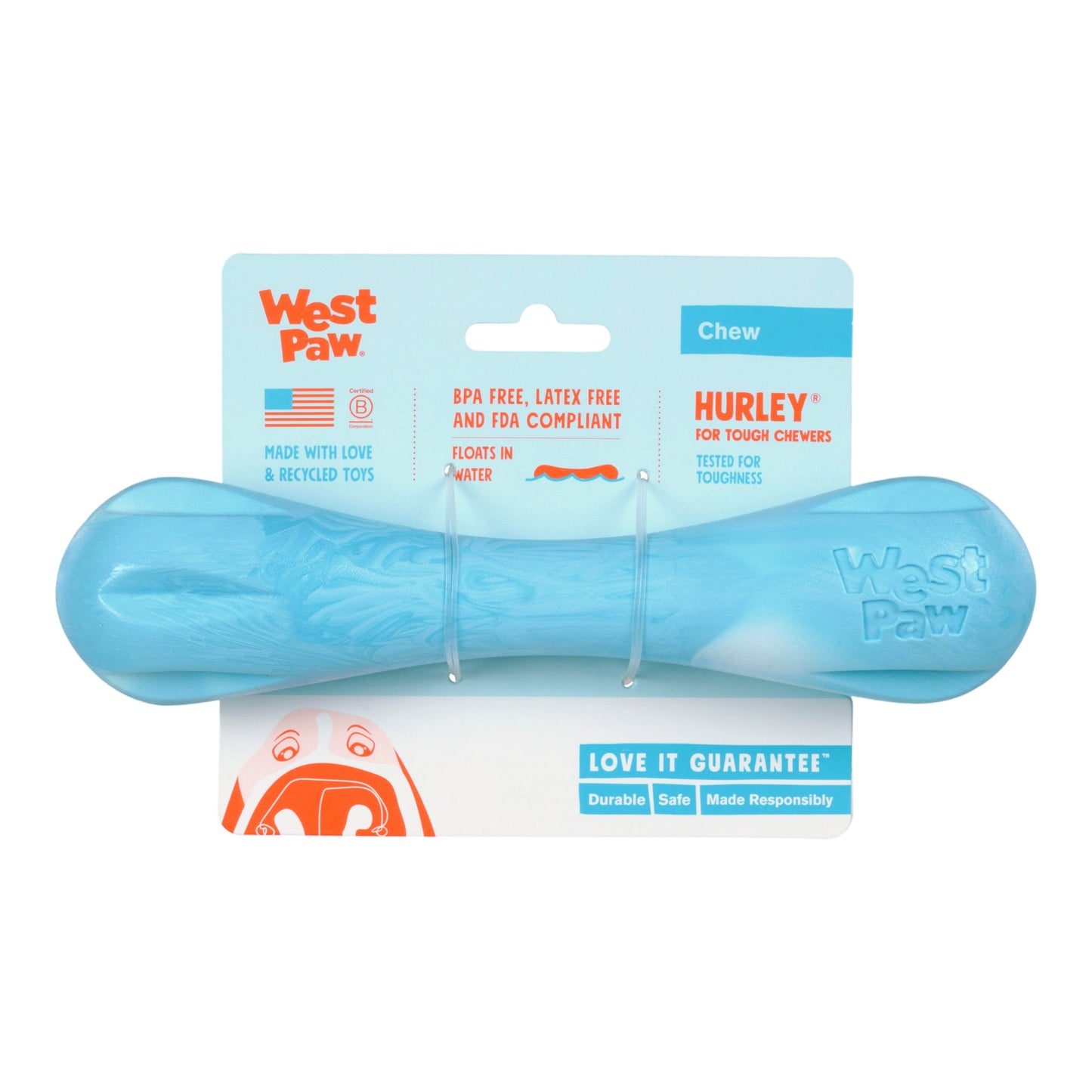 West Paw Hurley Dog Chew Toy – Aqua Swirl | Nearly Indestructible Fetch Bone