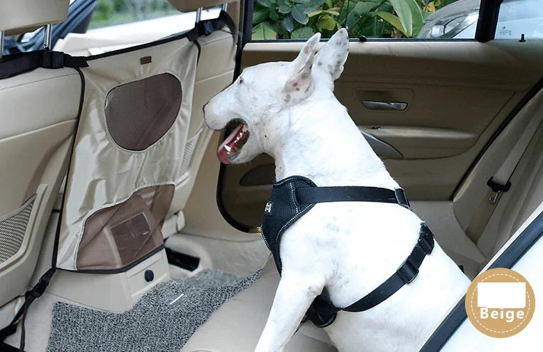 Dog Car Seat Barrier – Prevents Front-Seat Jumping, Nylon & PVC Mesh, Black, Beige & Gray