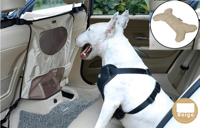 Dog Car Seat Barrier – Prevents Front-Seat Jumping, Nylon & PVC Mesh, Black, Beige & Gray
