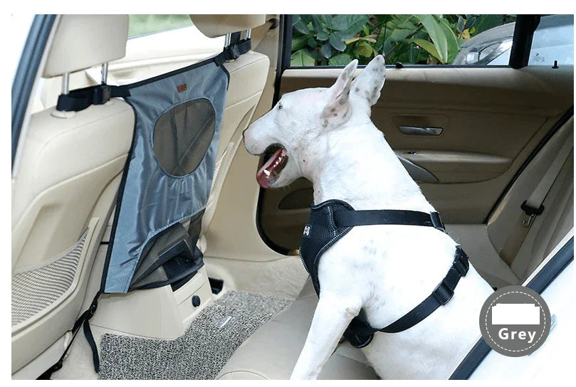 Dog Car Seat Barrier – Prevents Front-Seat Jumping, Nylon & PVC Mesh, Black, Beige & Gray