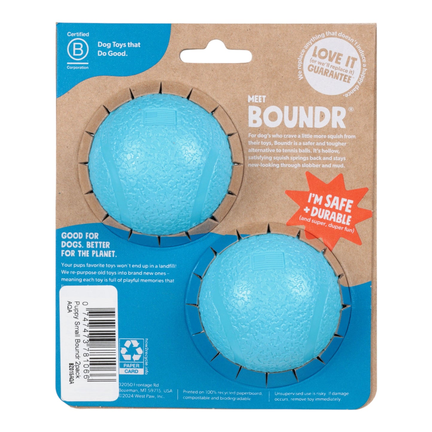 West Paw Boundr Dog Ball – Aqua | 2-Pack for Tough Chewers & Fetch