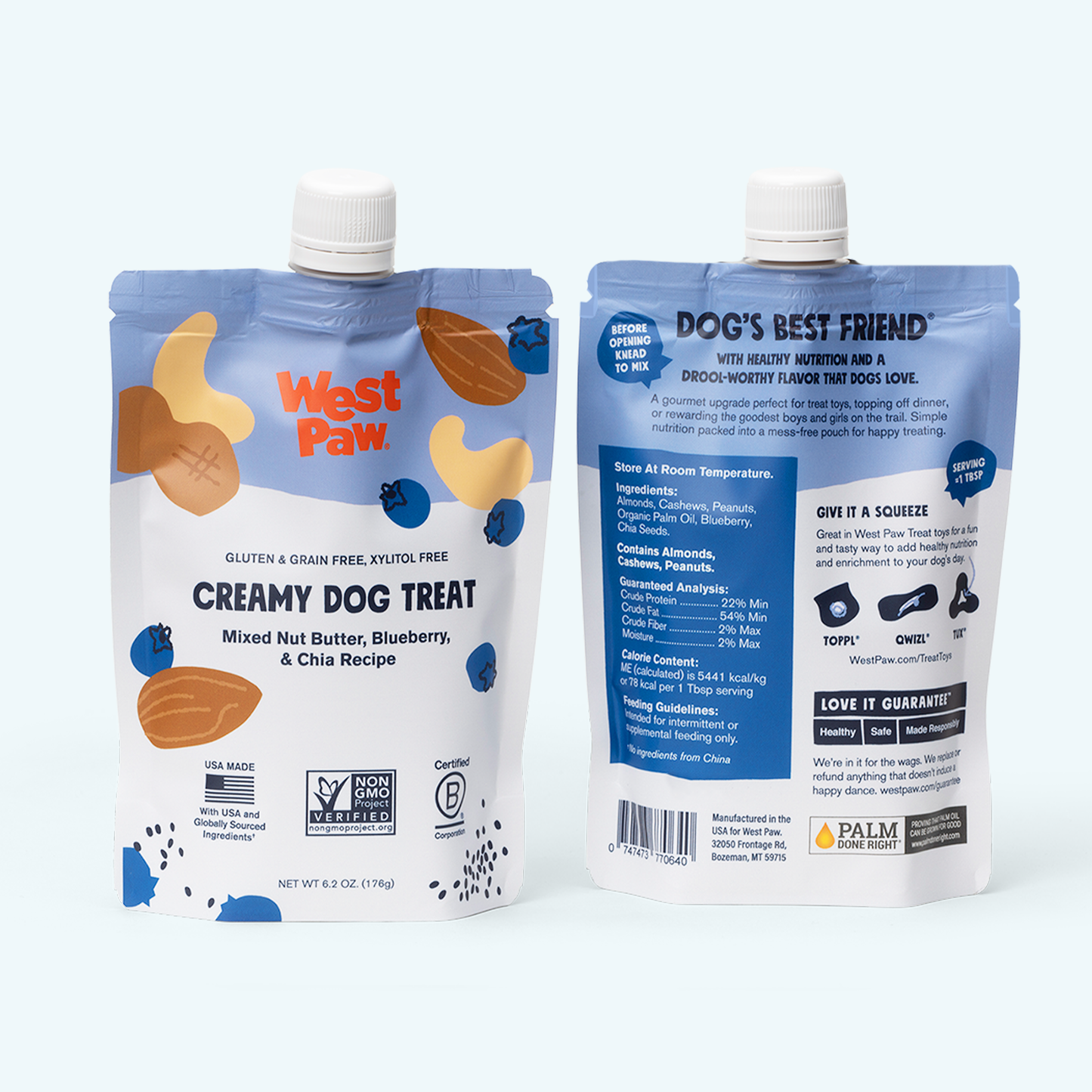West Paw Nut Butter, Blueberry & Chia Dog Treat – Creamy Squeeze Pouch | 6.2 oz