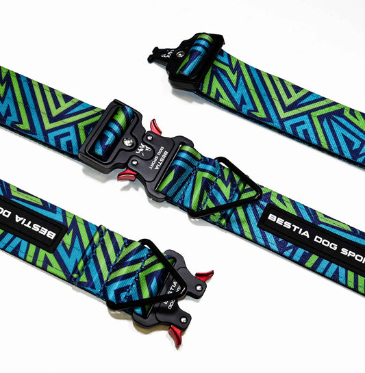 BESTIA Dog Sport Grip Pro Print Collar – Blue & Green Heavy-Duty Nylon Dog Collar