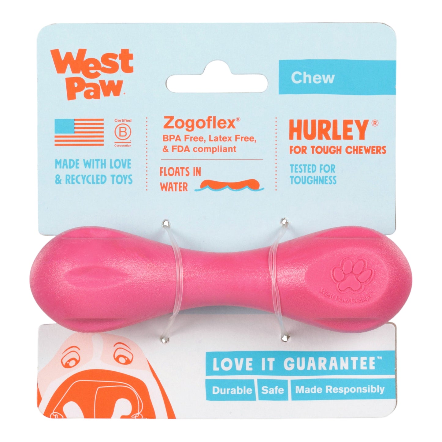 West Paw Hurley Dog Chew Toy – Geranium | Nearly Indestructible Fetch Bone
