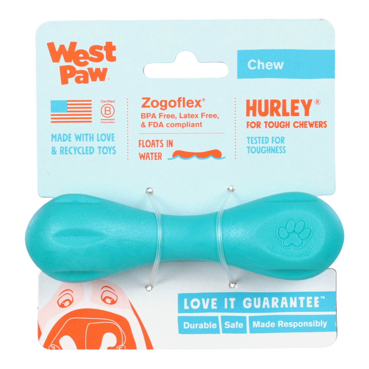 West Paw Hurley Dog Chew Toy – Teal | Nearly Indestructible Fetch Bone
