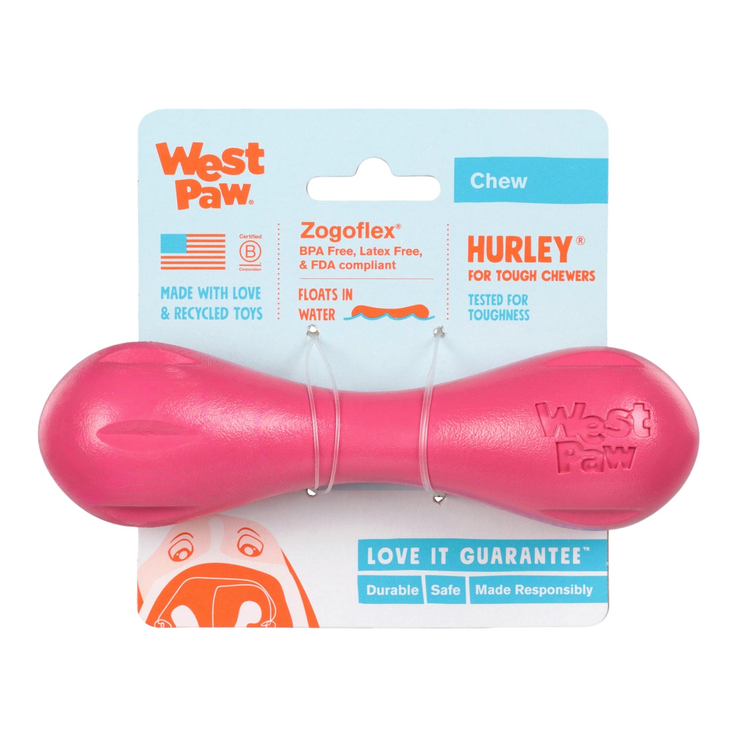 West Paw Hurley Dog Chew Toy – Geranium | Nearly Indestructible Fetch Bone
