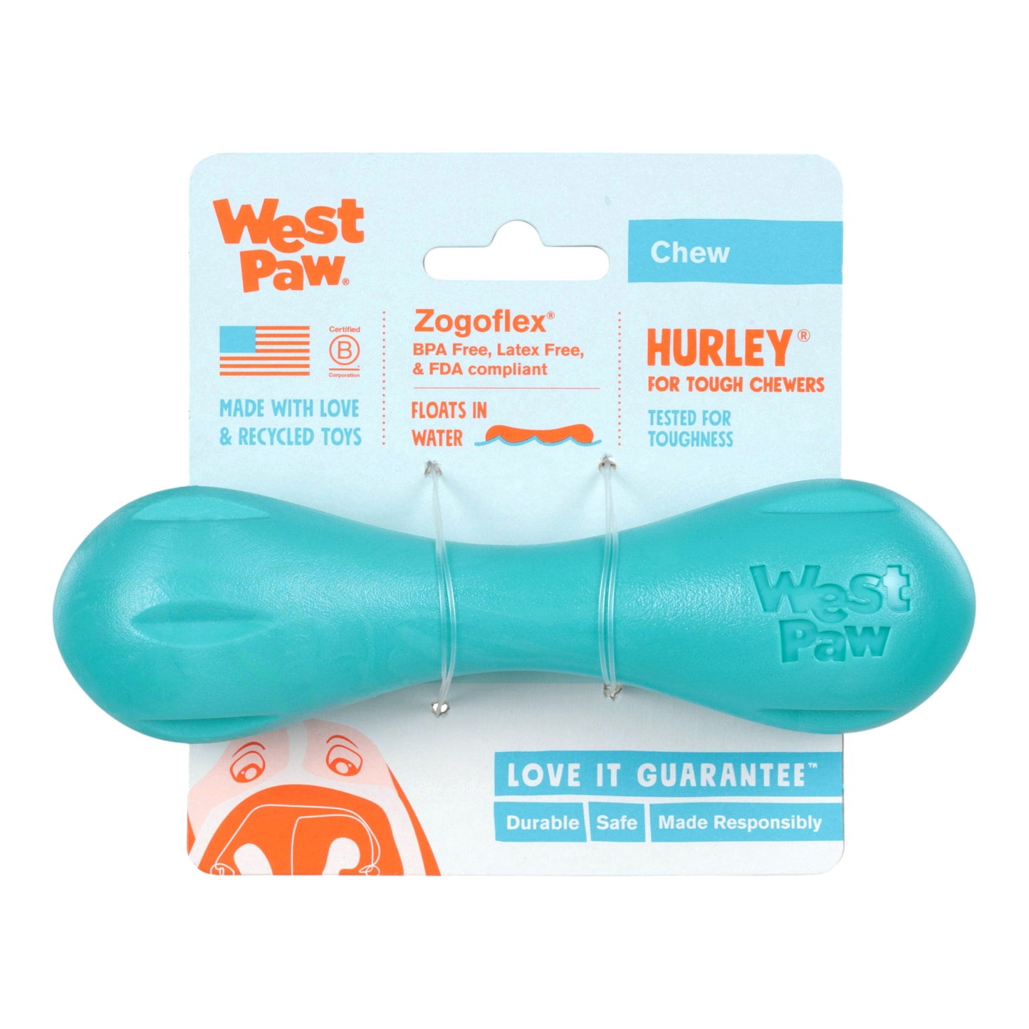 West Paw Hurley Dog Chew Toy – Teal | Nearly Indestructible Fetch Bone