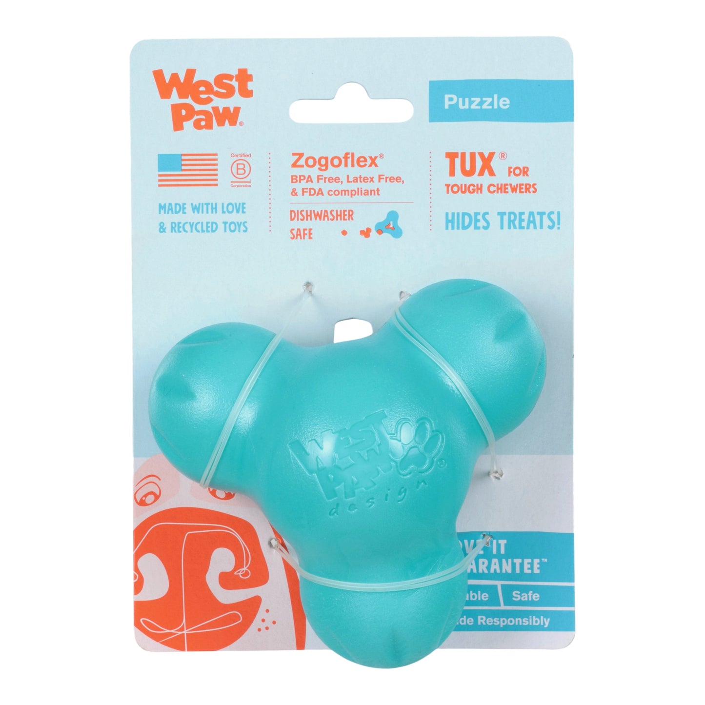 West Paw Tux Dog Treat Toy – Teal | Toughest Treat Toy for Power Chewers