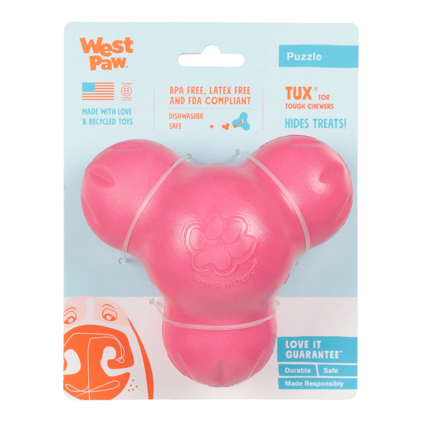 West Paw Tux Dog Treat Toy – Geranium | Toughest Treat Toy for Power Chewers
