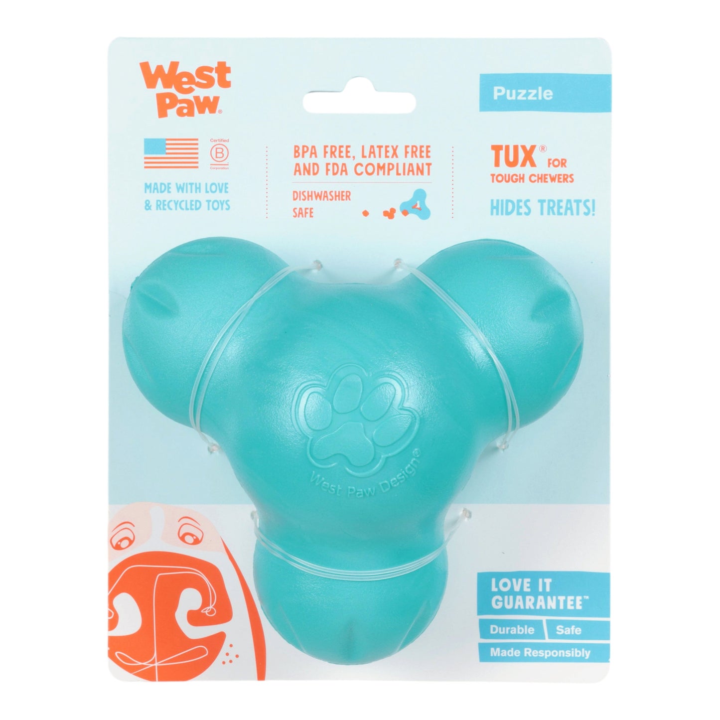 West Paw Tux Dog Treat Toy – Teal | Toughest Treat Toy for Power Chewers