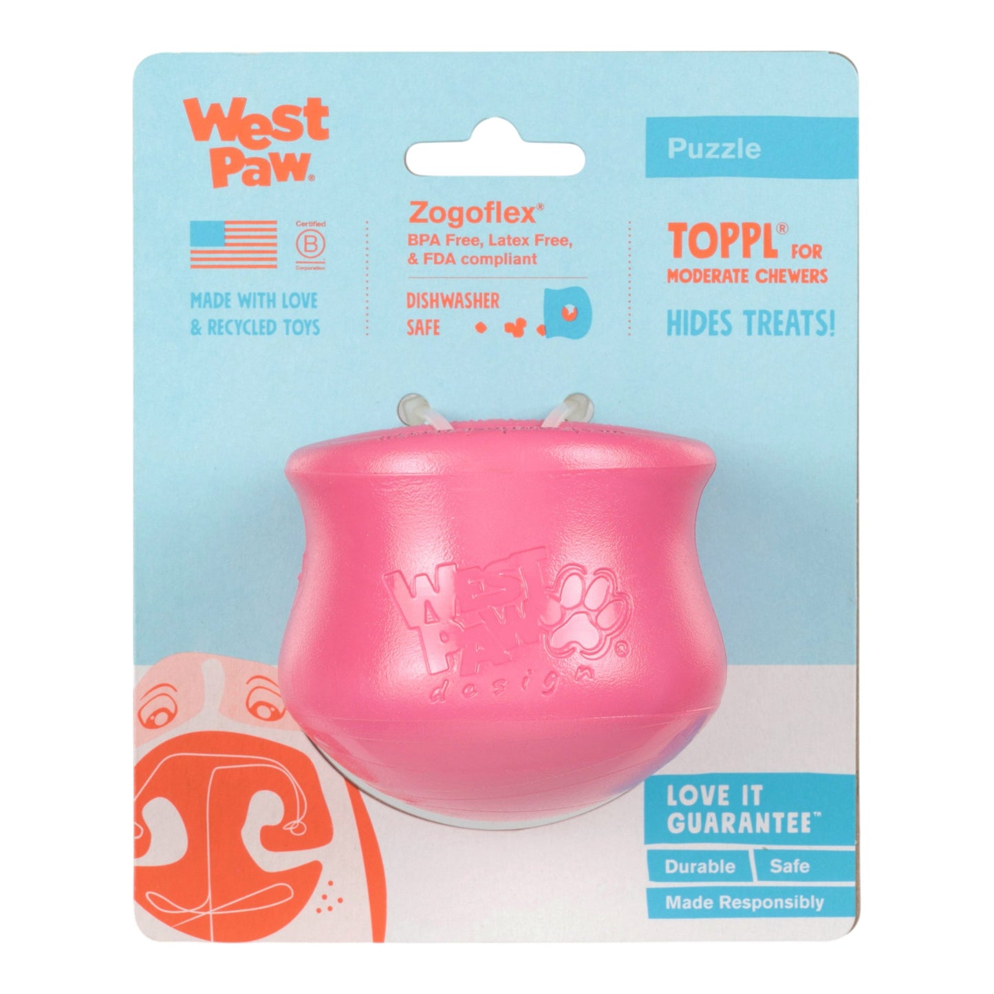 West Paw Toppl Treat Toy – Geranium | Puzzle Toy for Moderate Chewers