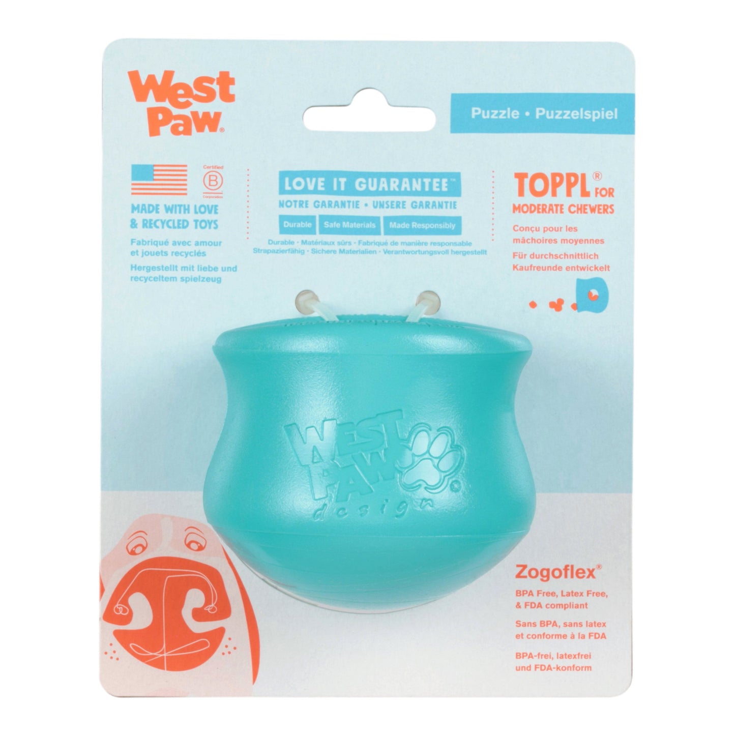 West Paw Toppl Treat Toy – Teal | Puzzle Toy for Moderate Chewers