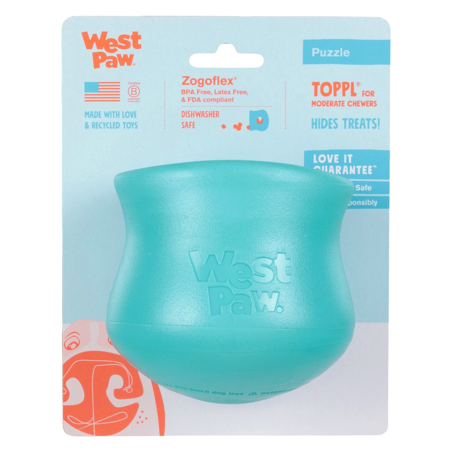 West Paw Toppl Treat Toy – Teal | Puzzle Toy for Moderate Chewers