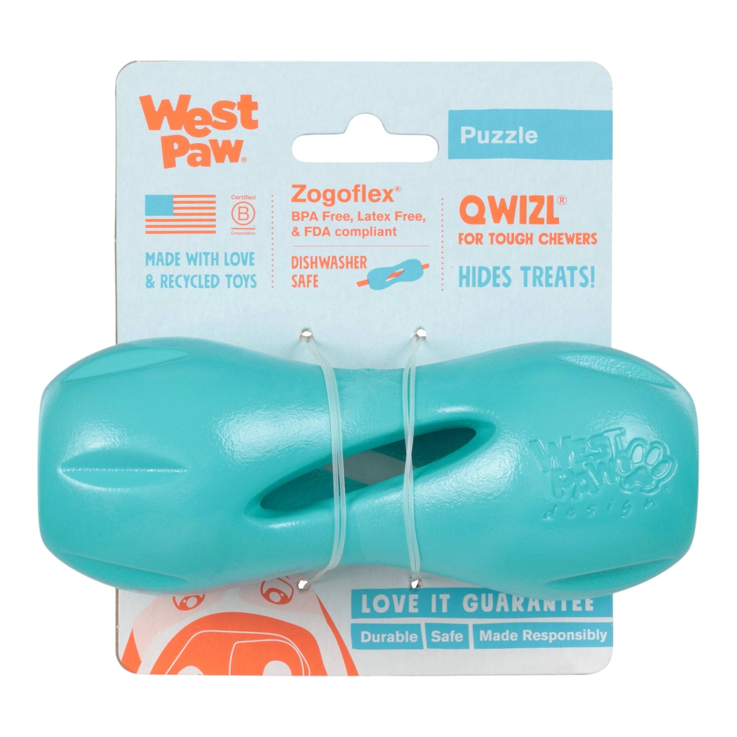 West Paw Qwizl Dog Treat Toy – Teal | Tough Chewer Treat Holder