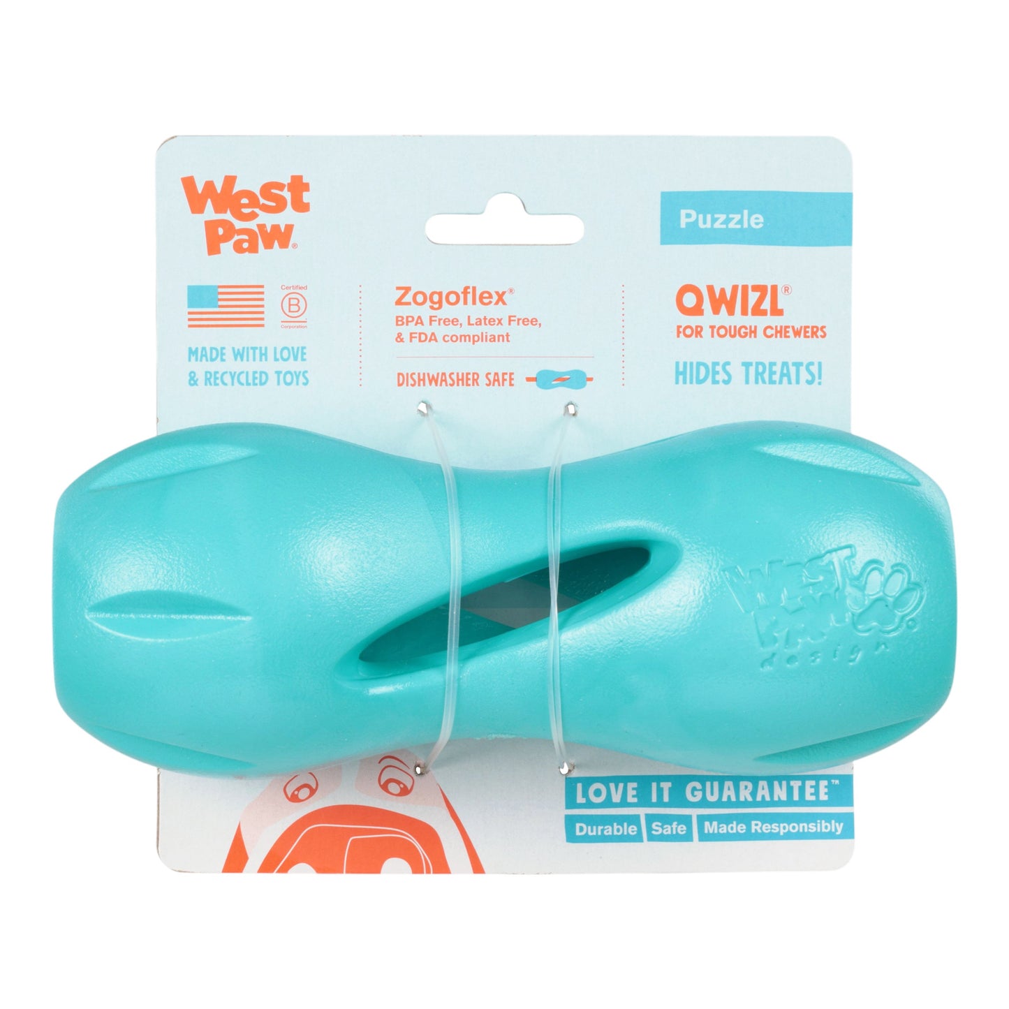 West Paw Qwizl Dog Treat Toy – Teal | Tough Chewer Treat Holder