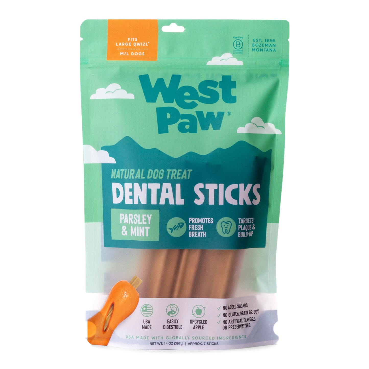 West Paw Natural Dental Sticks – Large | Freshens Breath, Reduces Plaque | Fits Qwizl Treat Toy
