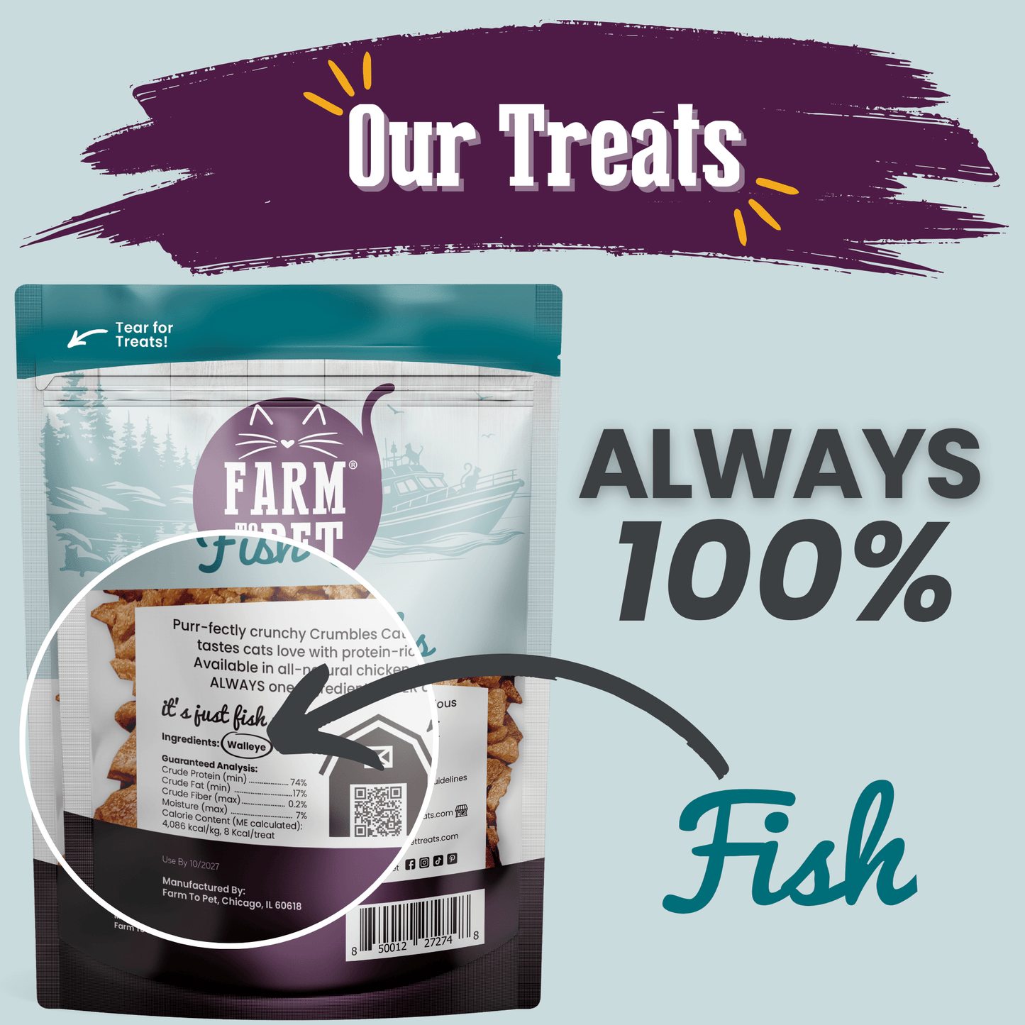 Fish Crumbles for Cats – Single-Ingredient Walleye | Grain-Free | Made in USA