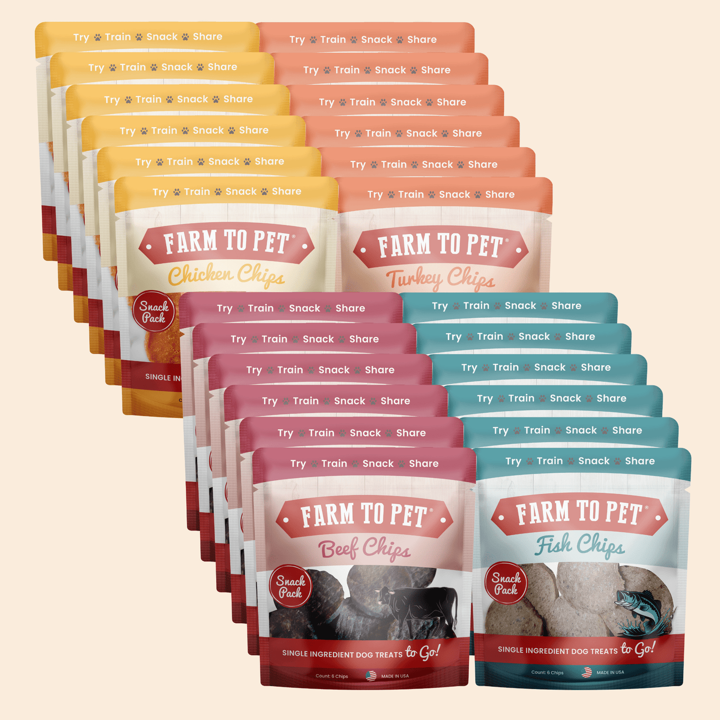 Dog Treat Sampler Snack Packs – All 4 Flavors | Chicken, Turkey, Beef & Fish | Made in USA