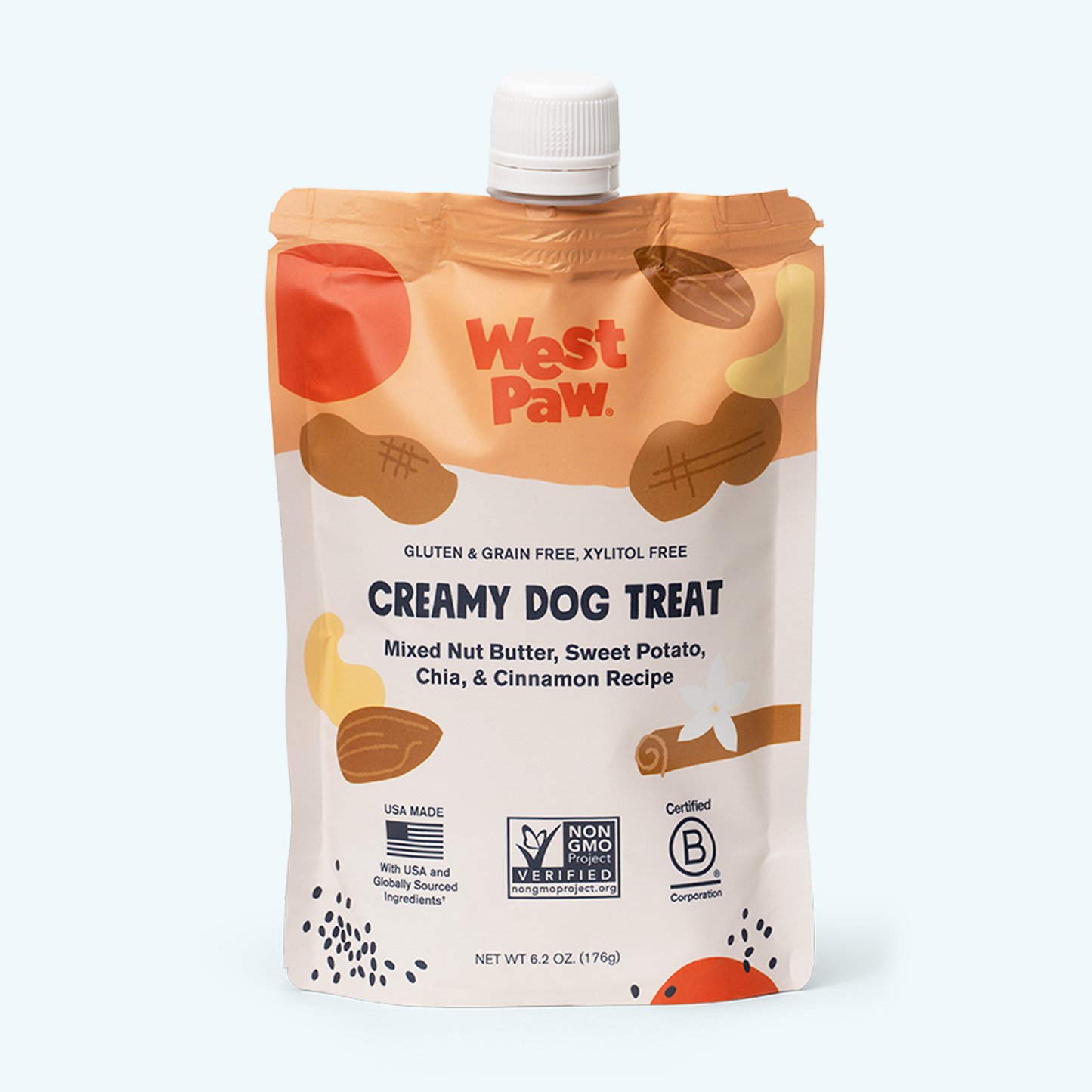 West Paw Nut Butter, Sweet Potato & Chia Dog Treat – Creamy Squeeze Pouch | 6.2 oz