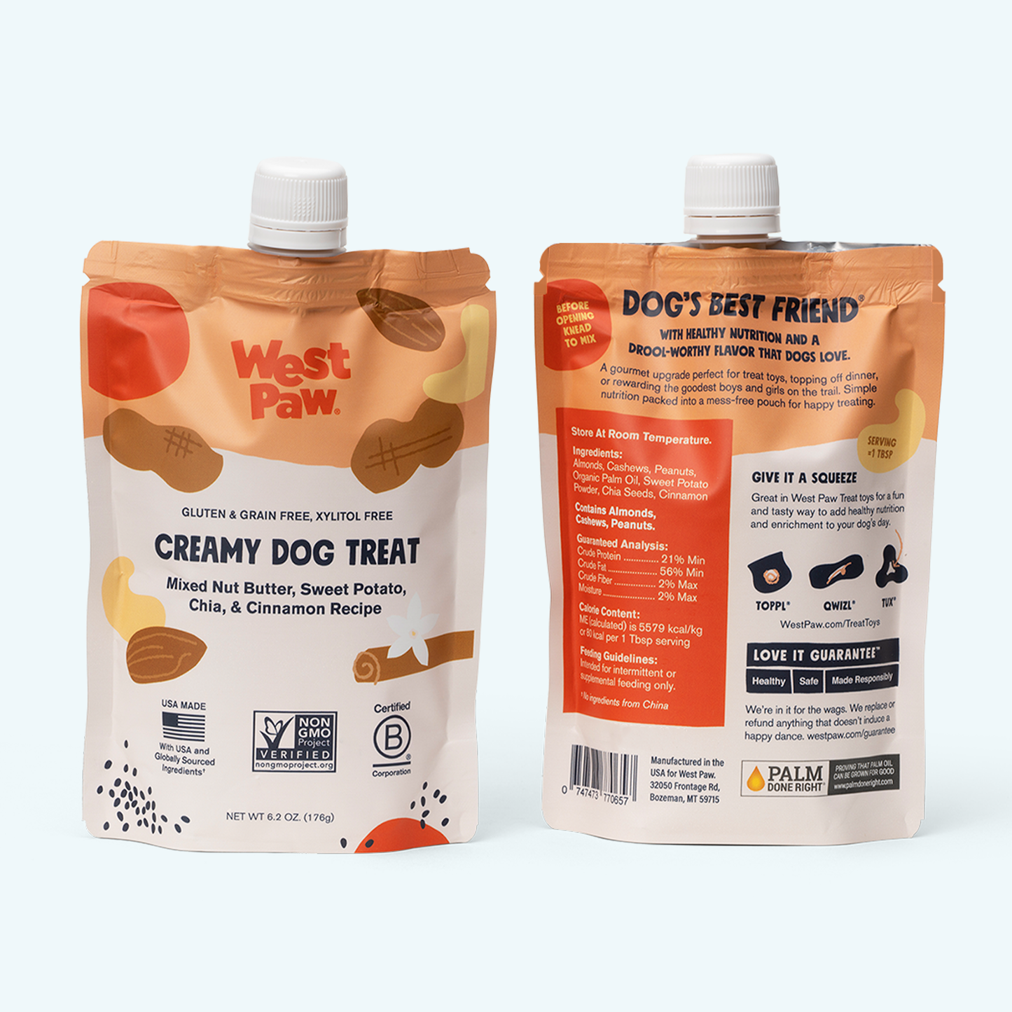 West Paw Nut Butter, Sweet Potato & Chia Dog Treat – Creamy Squeeze Pouch | 6.2 oz