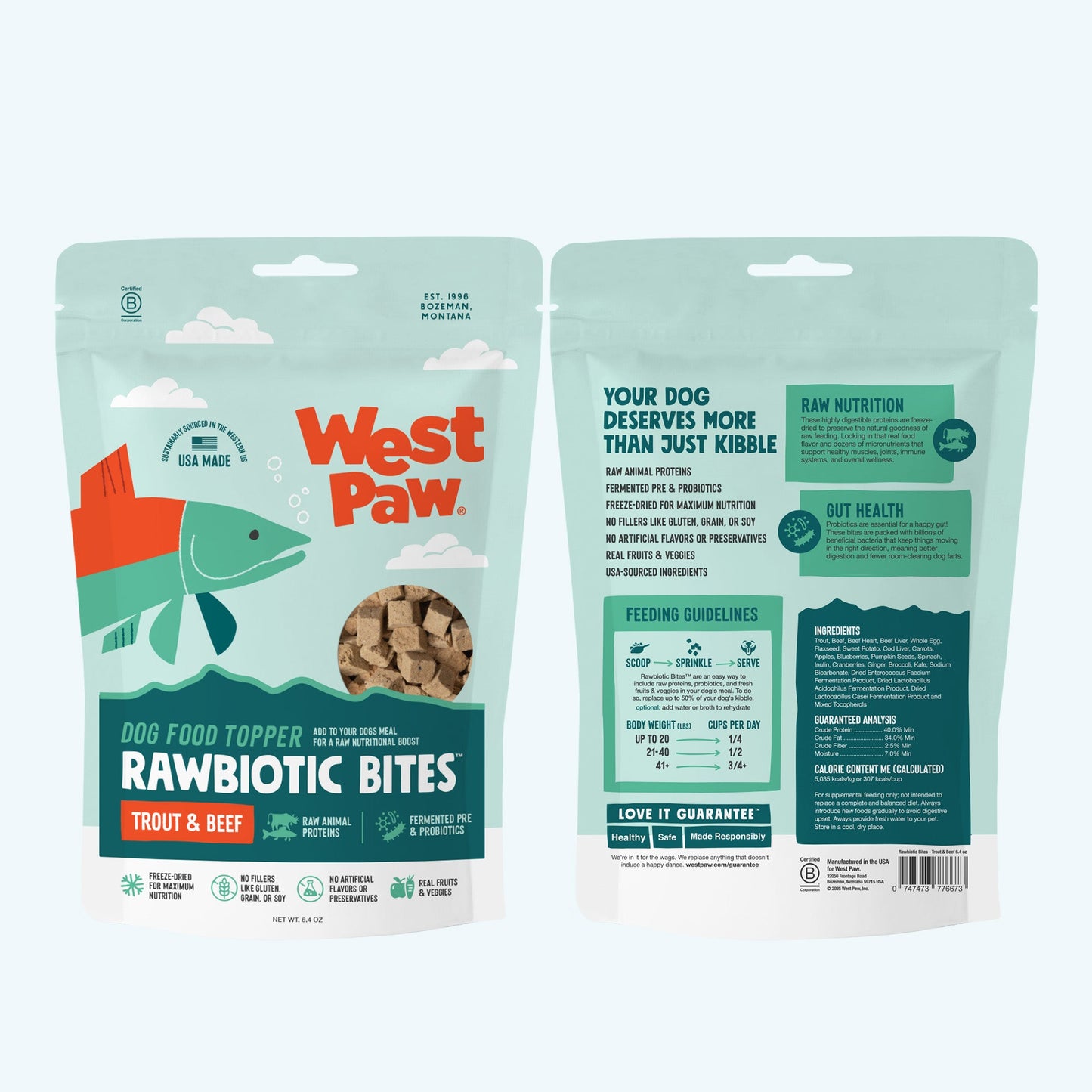 West Paw Rawbiotic Bites Dog Food Topper – Trout & Beef | Raw Proteins, Probiotics & Real Veggies