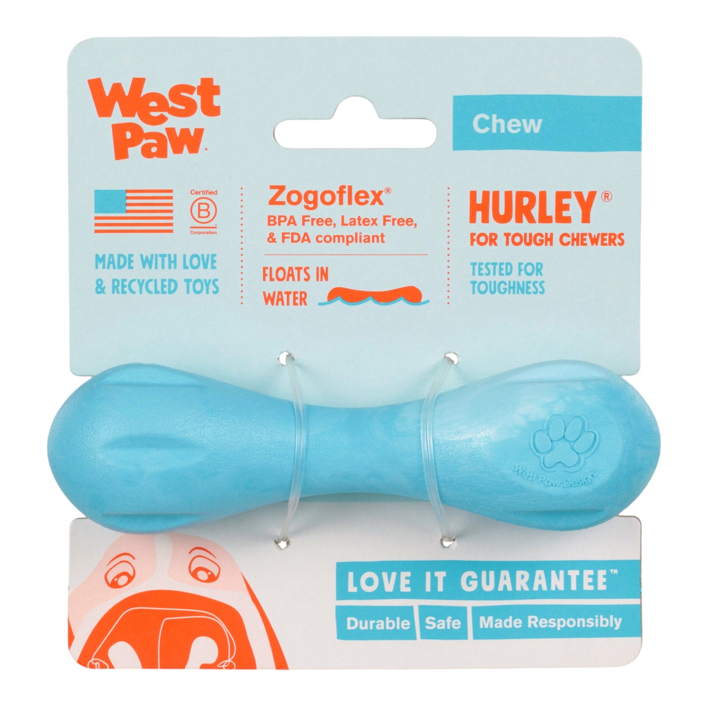 West Paw Hurley Dog Chew Toy – Aqua Swirl | Nearly Indestructible Fetch Bone