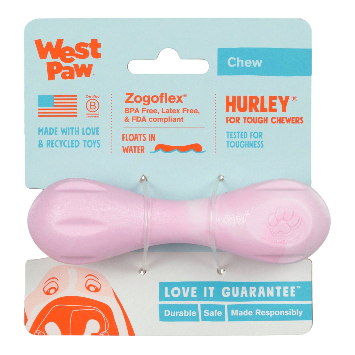West Paw Hurley Dog Chew Toy – Bubblegum Swirl | Nearly Indestructible Fetch Bone