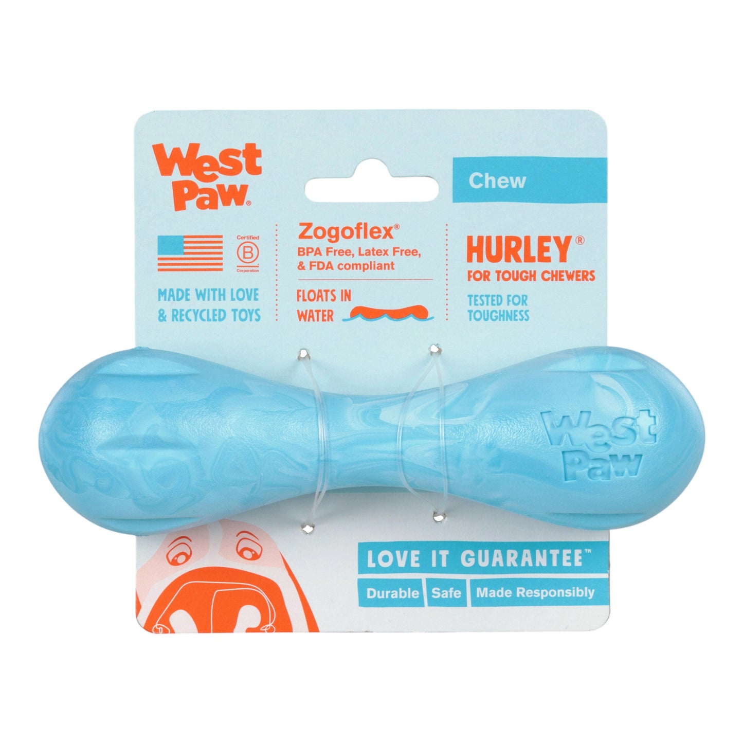 West Paw Hurley Dog Chew Toy – Aqua Swirl | Nearly Indestructible Fetch Bone