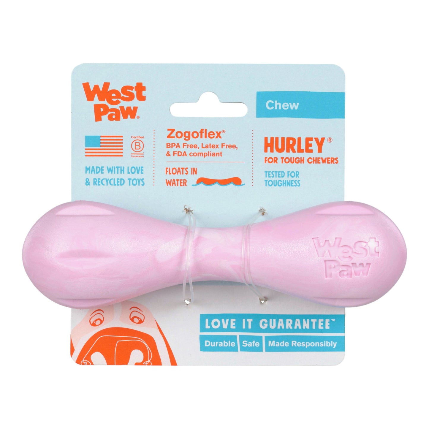 West Paw Hurley Dog Chew Toy – Bubblegum Swirl | Nearly Indestructible Fetch Bone