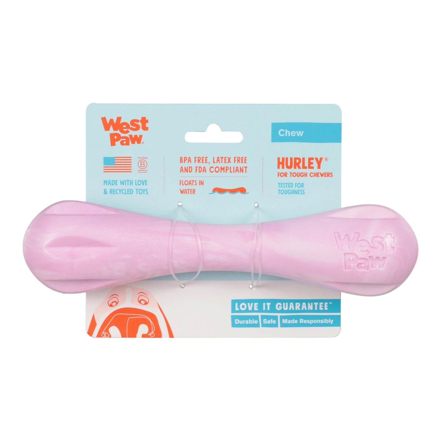 West Paw Hurley Dog Chew Toy – Bubblegum Swirl | Nearly Indestructible Fetch Bone