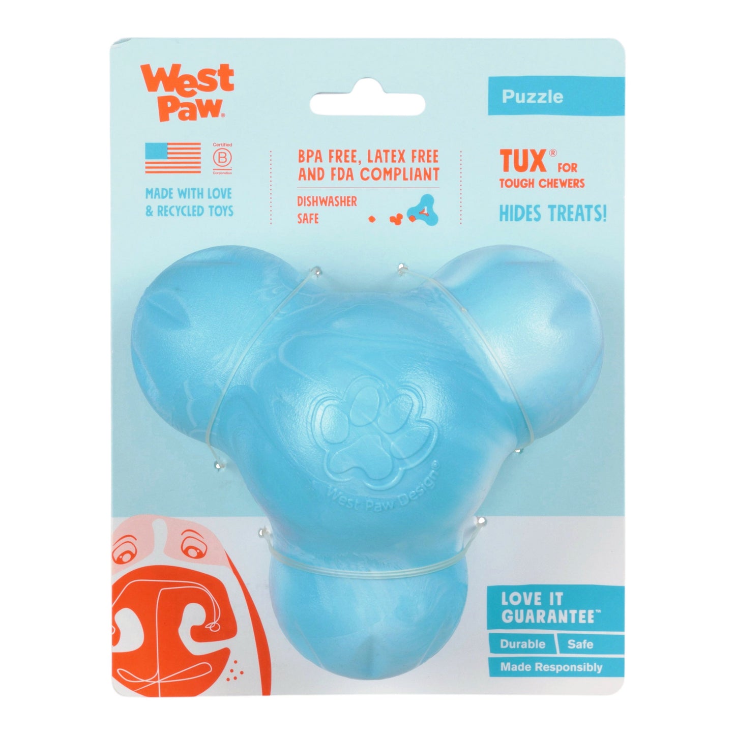 West Paw Tux Dog Treat Toy – Aqua Swirl | Toughest Treat Toy for Power Chewers