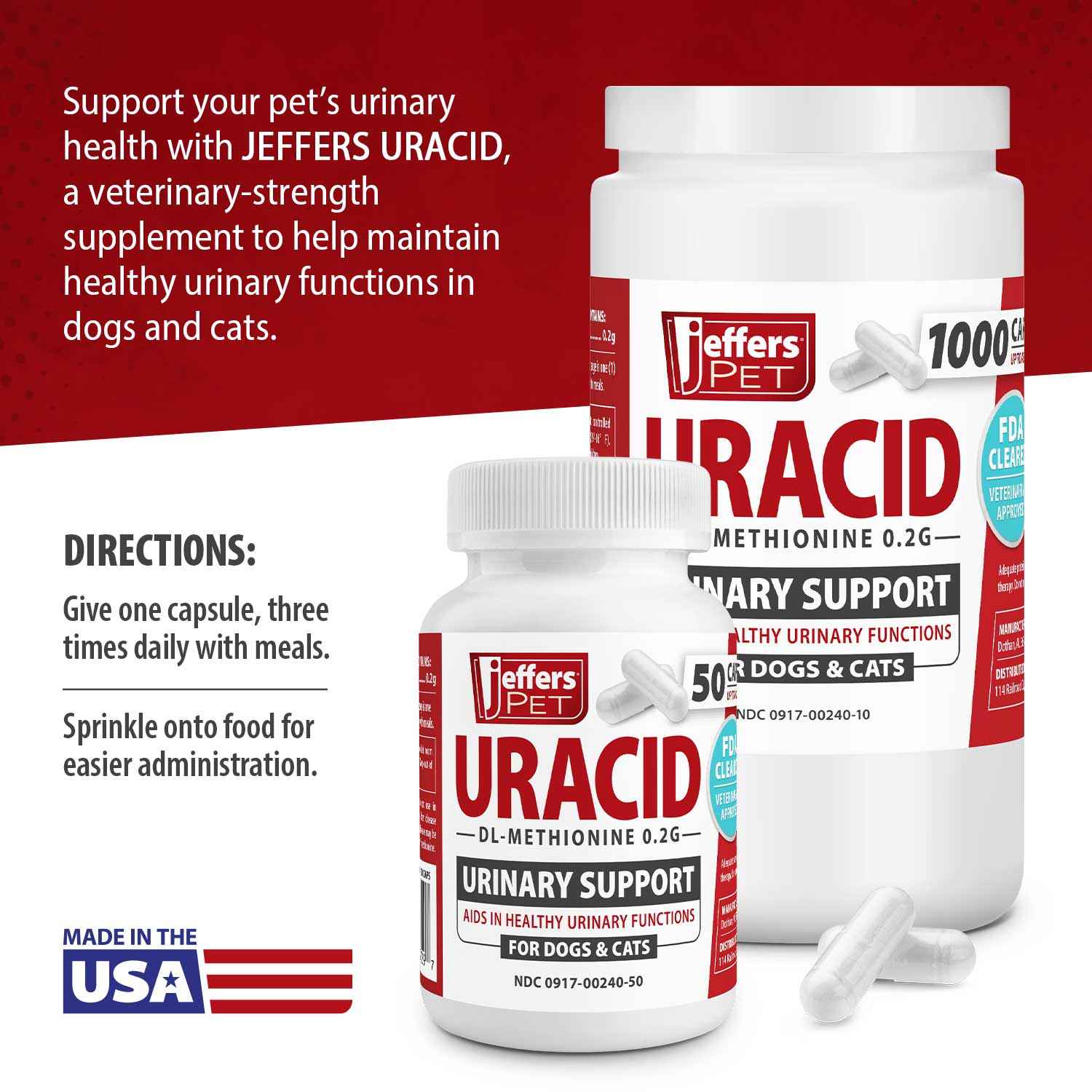Jeffers Uracid DL-Methionine 0.2g Capsules for Dogs & Cats – Supports Urinary Tract, Reduces Urine Odor, Prevents Stones