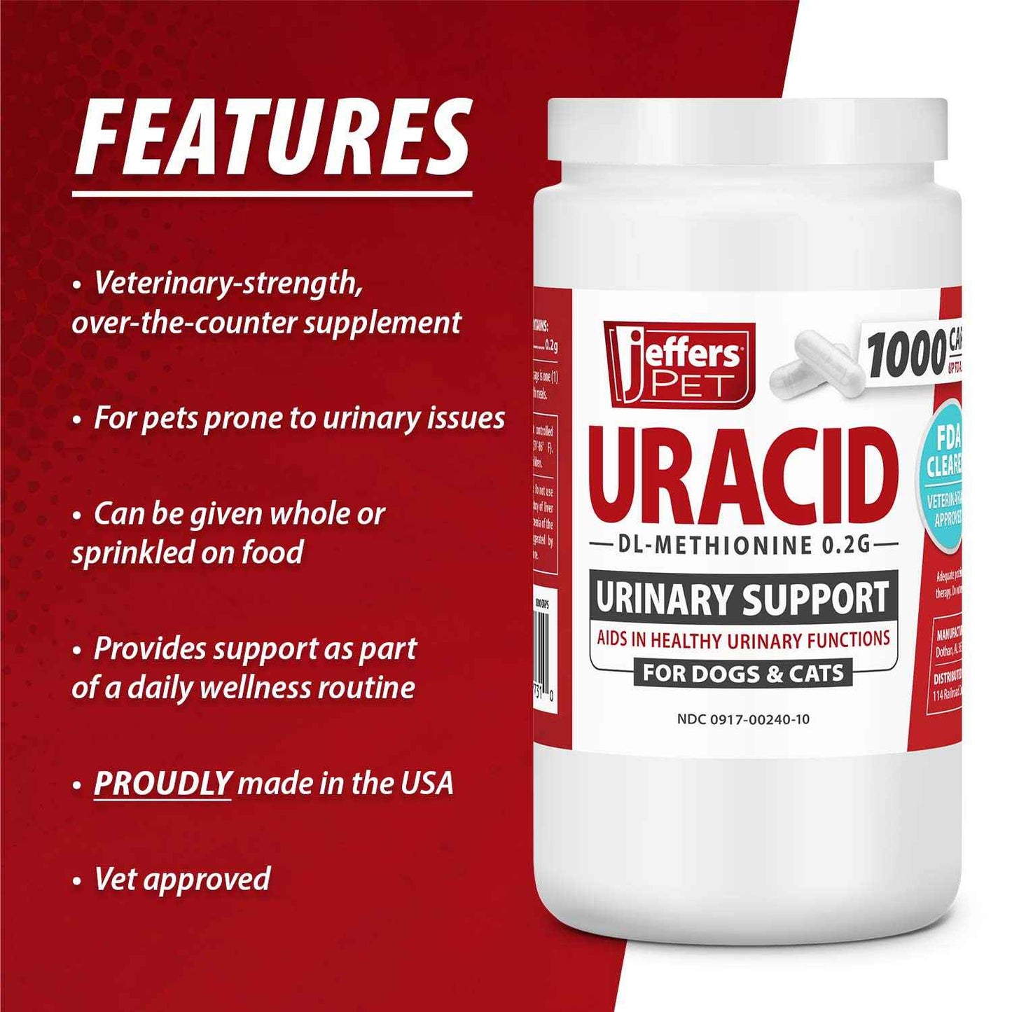 Jeffers Uracid DL-Methionine 0.2g Capsules for Dogs & Cats – Supports Urinary Tract, Reduces Urine Odor, Prevents Stones