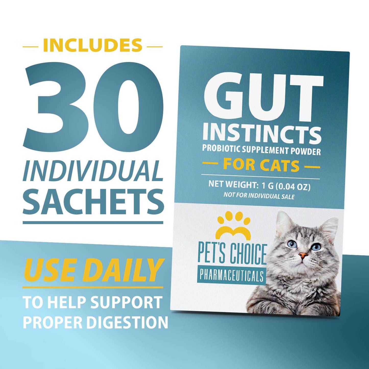 Pet’s Choice Gut Instincts Probiotic Supplement for Cats, Digestive & Immune Support, 30 Powder Packets, Made in USA